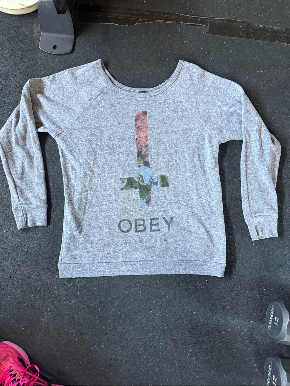 Obey Women's Heather Gray Crewneck Sweater with Floral Inverted Cross